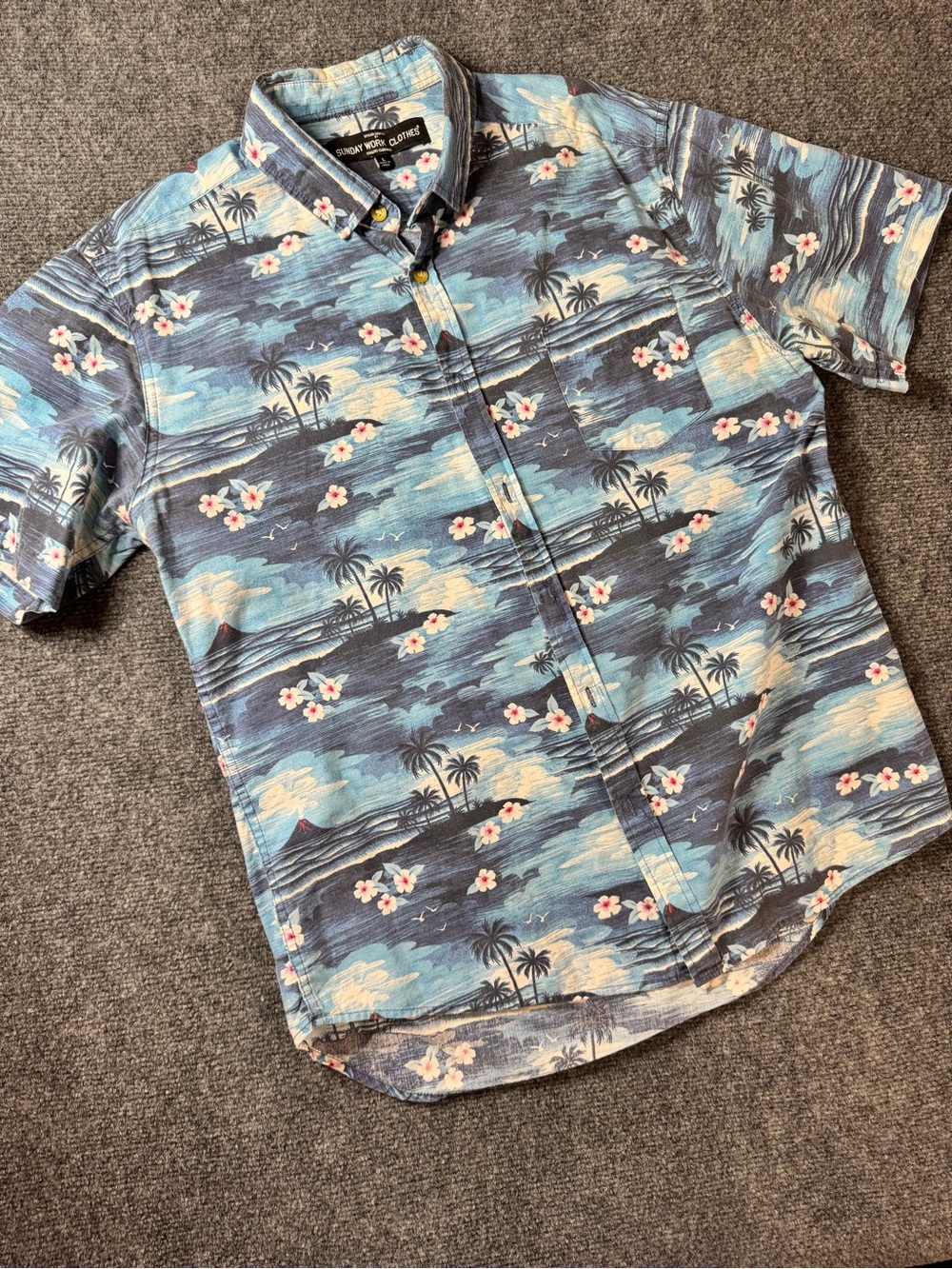 Island-Print Blue Short-Sleeve Button-Down Shirt